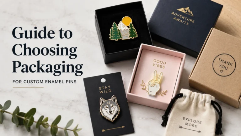 Enamel pin packaging options – polybag, backing card, gift box and fabric pouch displayed together