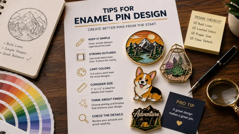 Premium realistic enamel pin design workspace featuring practical tips for creating high-quality, manufacturable pins, including bold outlines, limited colors, proper sizing, finish selection, and detail checks.
