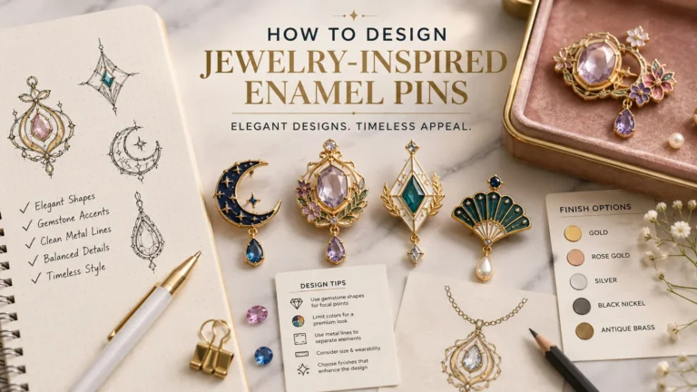 Premium realistic jewelry-inspired enamel pins featuring gemstone accents, elegant metal details, refined finishes, and design sketches for creating sophisticated custom pin designs.
