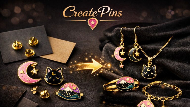 Enamel pin to jewelry transformation — earrings, necklaces, rings and bracelets from custom pin designs by CreatePins