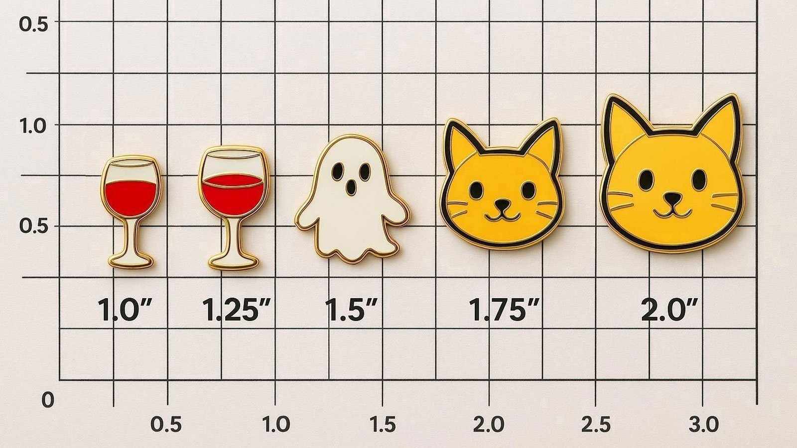 Enamel Pin Design Size Comparison Chart (Real Pins on Grid)
