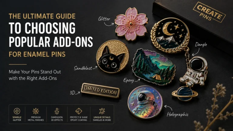 Popular enamel pin add-ons including glitter, epoxy coating, holographic effects, premium plating, and custom back stamps