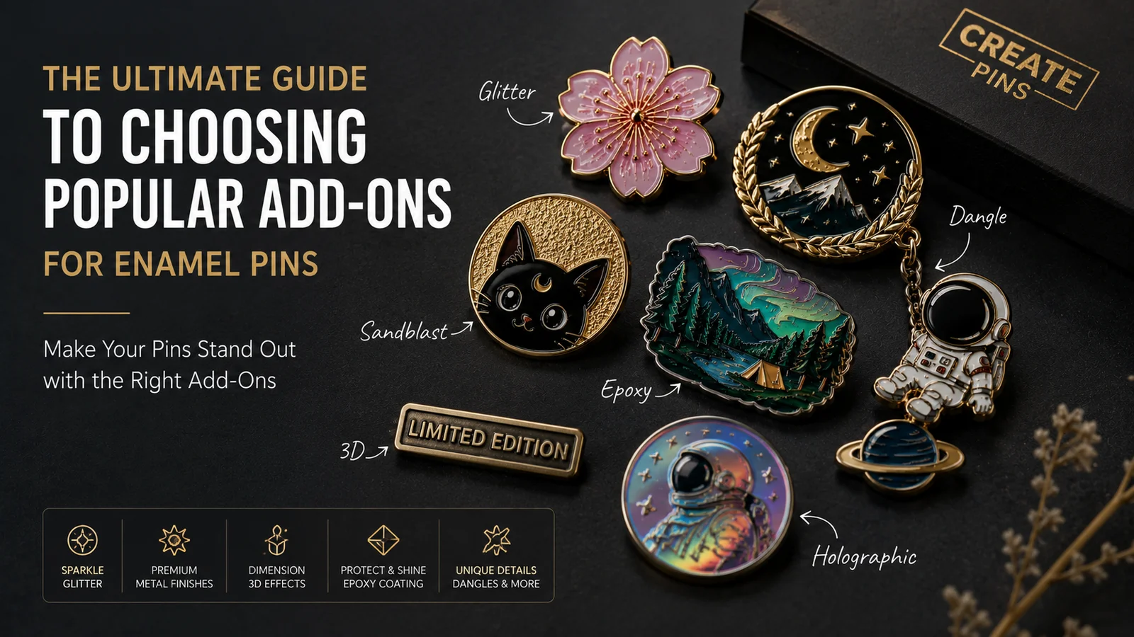 Enamel pin add-ons comparison — glitter, glow-in-the-dark, epoxy dome, spinners, dangles, rhinestones and screen printing