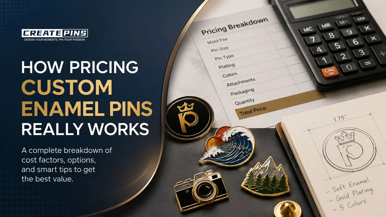 Pricing custom enamel pins guide showing a pricing breakdown, calculator, pin design sketch, and assorted enamel pins