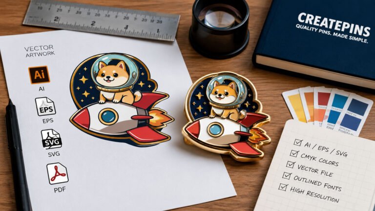 Best file formats for custom enamel pins, showing vector artwork in AI, EPS, SVG and PDF formats alongside a finished enamel pin