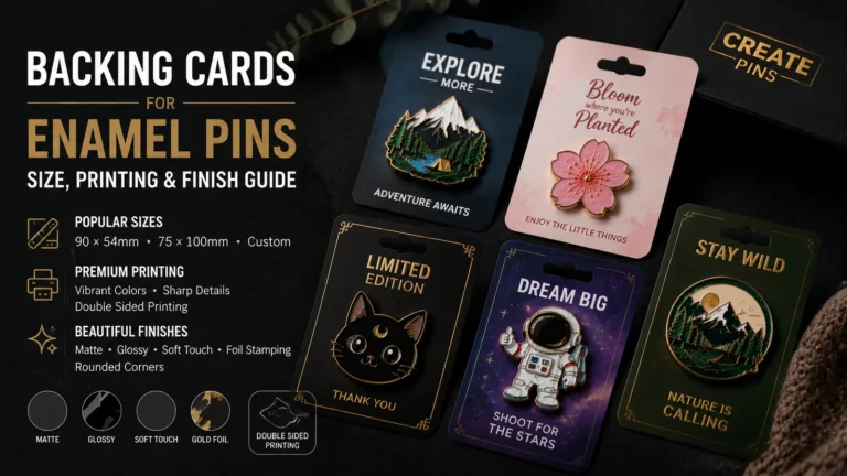 Enamel pin backing cards guide showing standard sizes in mm, double-sided printing, rounded corners, and premium printing finishes for custom enamel pins