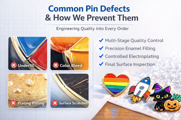 Common enamel pin defects including color bleeding, plating flaws, and scratches — and how CreatePins prevents them with strict quality control