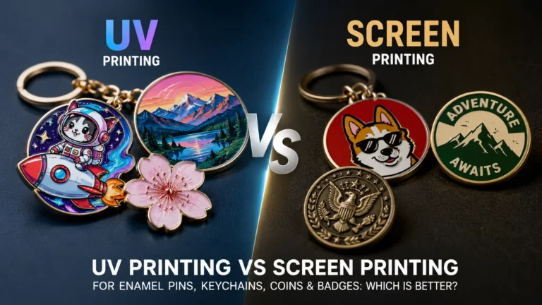 UV printing vs screen printing comparison for enamel pins, keychains, coins, and badges — CreatePins guide