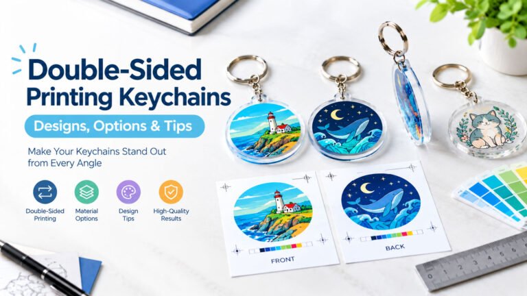 Double-sided acrylic keychains showing front and back artwork, print alignment marks, color swatches, and registration details