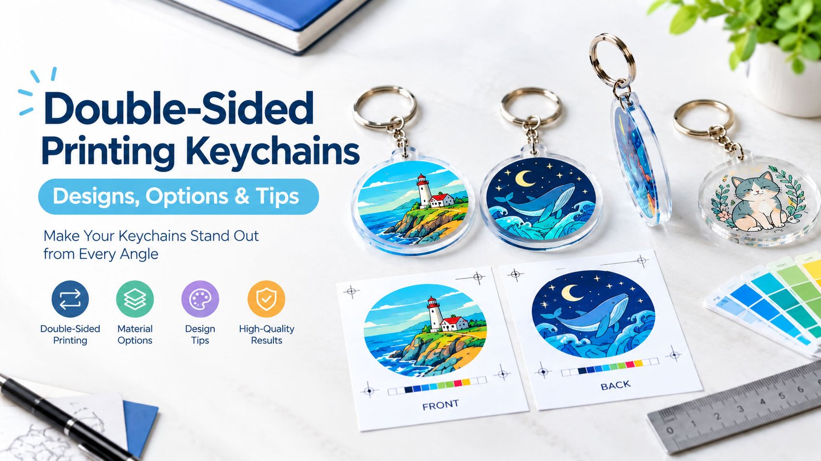 Double-sided printing keychains: alignment and registration explained with front and back keychain design comparison showing precise positioning and print accuracy