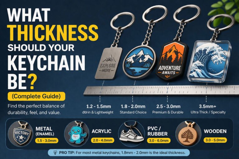 Custom keychain thickness guide — comparing thin, standard, premium, and ultra-thick options