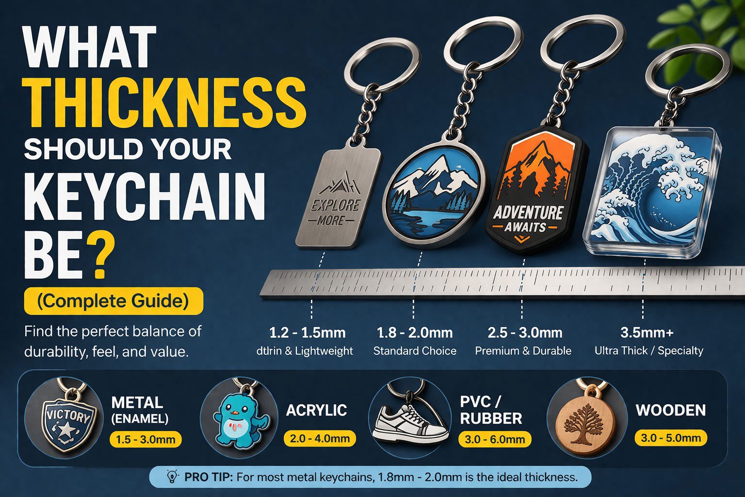 Custom keychain thickness guide — comparing thin, standard, premium, and ultra-thick options