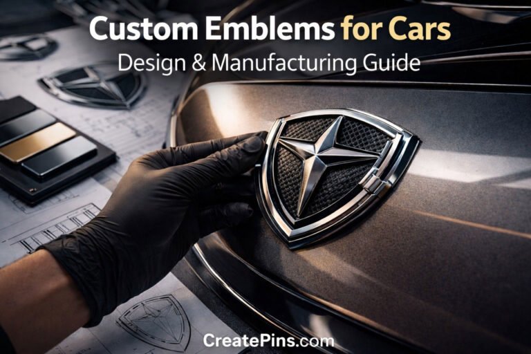 Custom car emblem being installed on vehicle with CreatePins.com branding, showcasing chrome badge design and manufacturing process