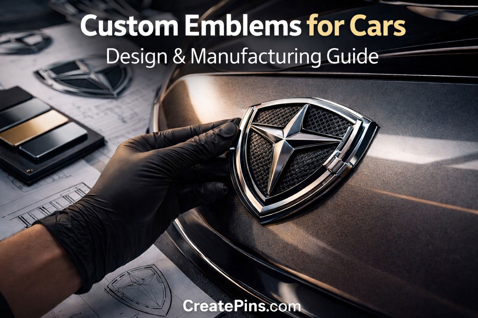 Custom car emblems being installed on vehicle with CreatePins.com branding, showcasing chrome badge design and manufacturing process