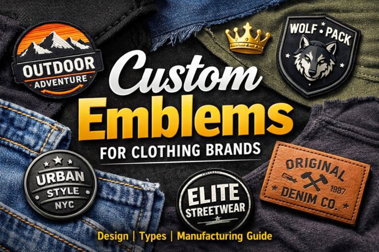 Custom emblems for clothing brands including embroidered patches, metal badges, and leather labels on apparel