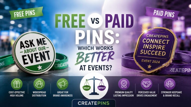 Custom enamel pins displayed at an event booth comparing free giveaway pins and premium paid collector pins