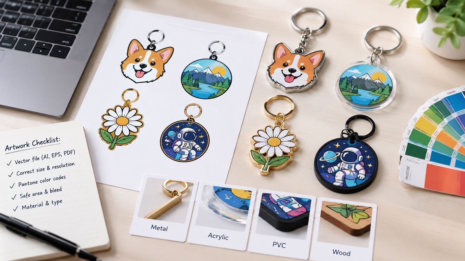 How to prepare perfect artwork for custom keychains by material — CreatePins guide