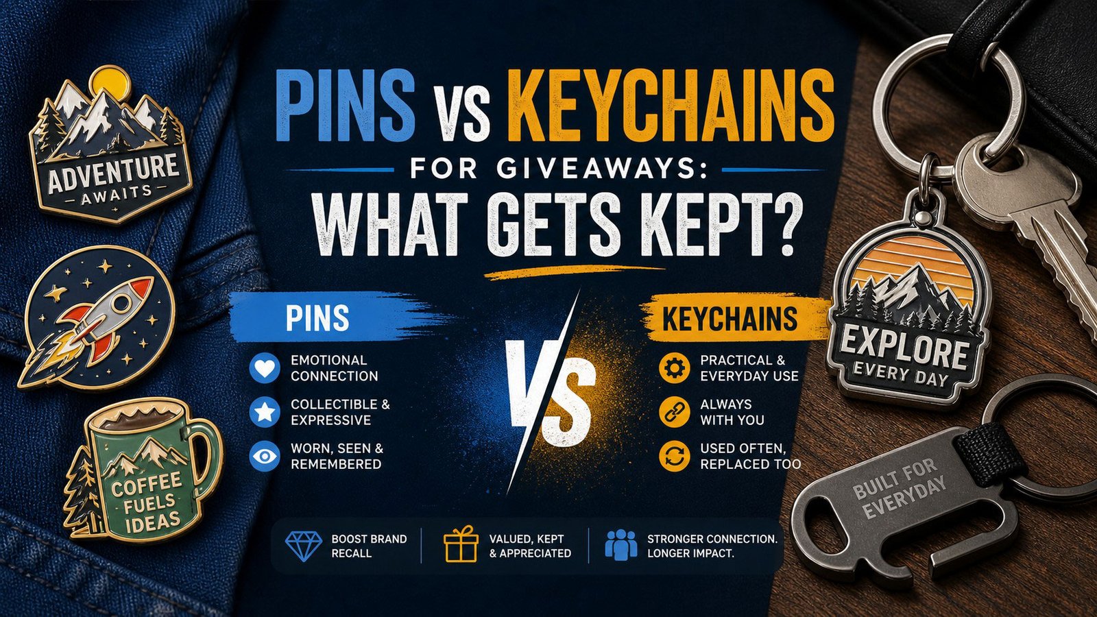 Pins vs Keychains for Giveaways: What Gets Kept? — enamel pins and custom keychains laid out side by side