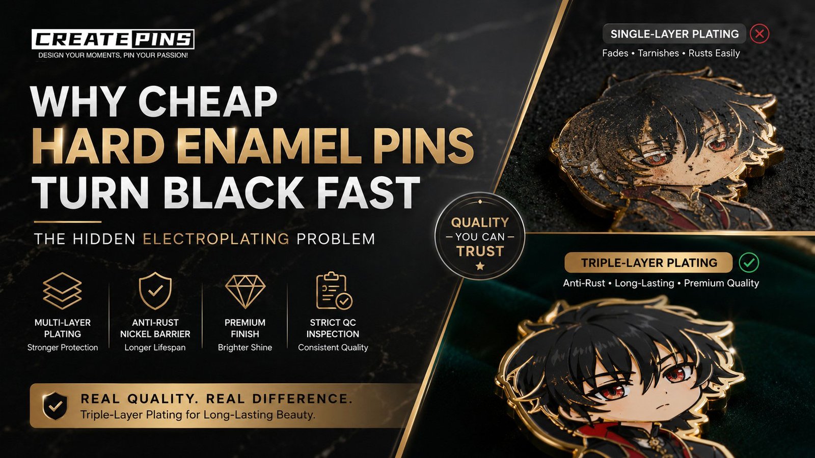 Cheap hard enamel pins turning black due to poor electroplating