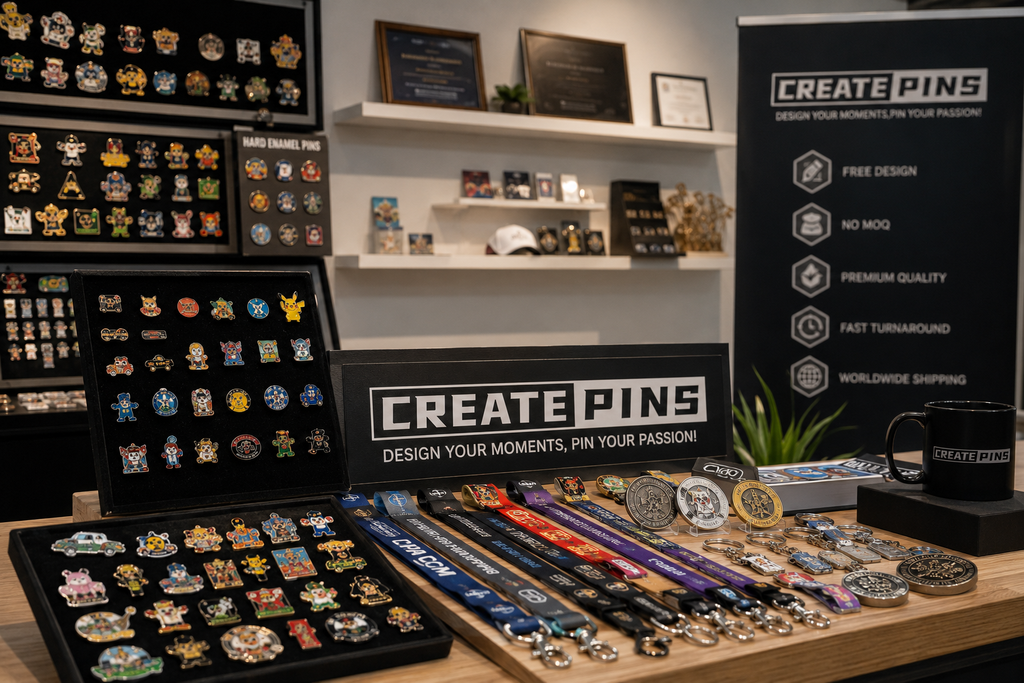 Image of CreatePins Exhibition Booth Showcasing Custom Enamel Pins, Keychains & Accessories