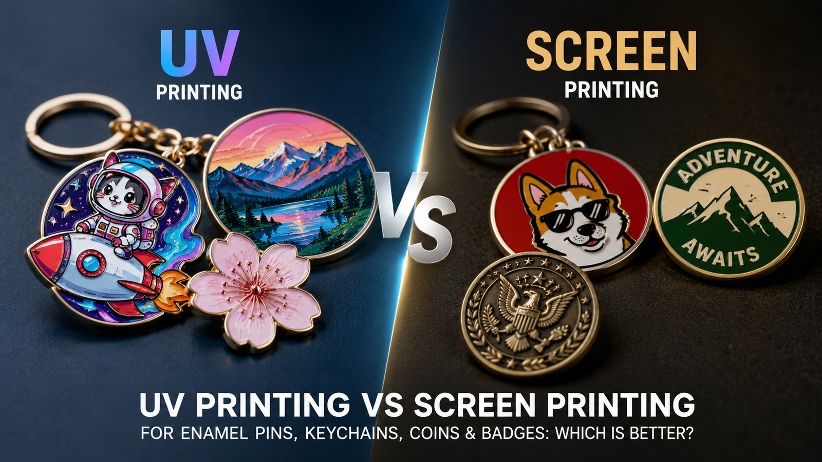 UV printing vs screen printing comparison for enamel pins, keychains, coins, and badges — CreatePins guide