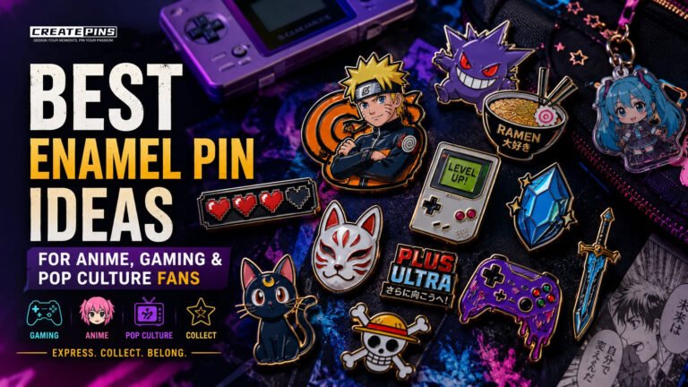 Anime, gaming, and pop culture enamel pins displayed with retro gaming accessories and collectible fan merch.