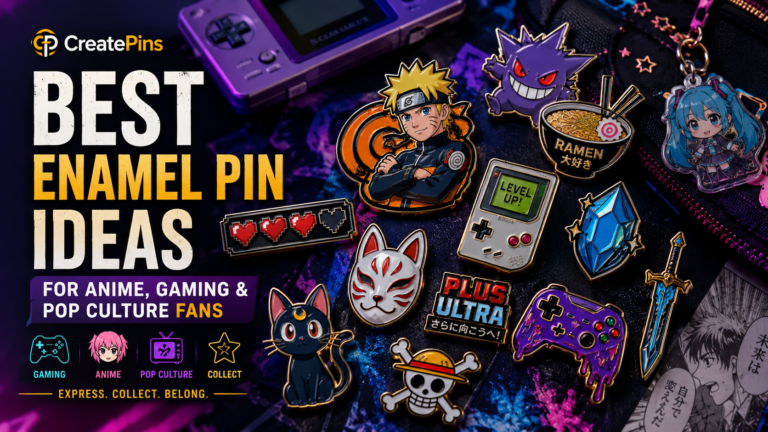 Anime, gaming, and pop culture enamel pins displayed with retro gaming accessories and collectible fan merch.