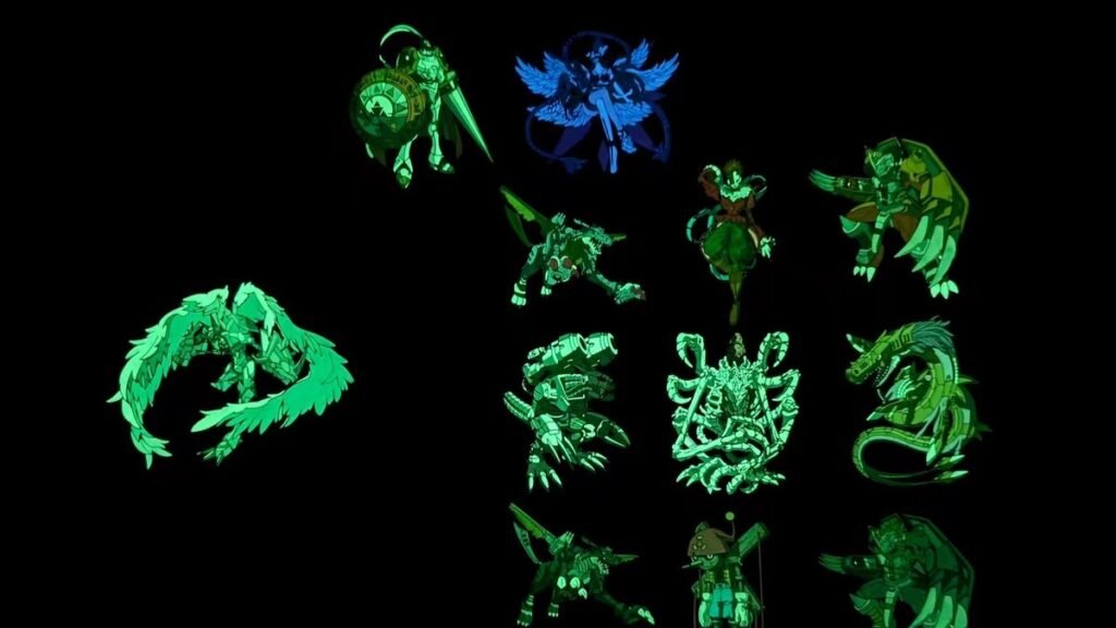 Glow in the dark enamel pins showing vivid green and blue phosphorescent glow in darkness