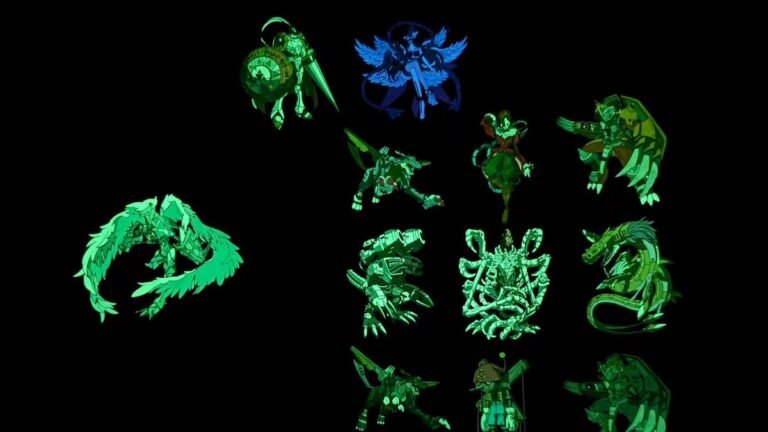 Glow in the dark enamel pins showing vivid green and blue phosphorescent glow in darkness