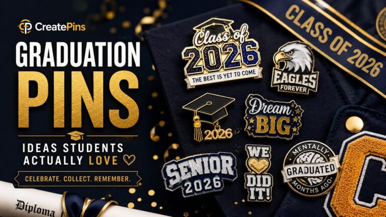 Custom graduation pins for students — class year pins, mascot pins, quote pins, and friendship sets