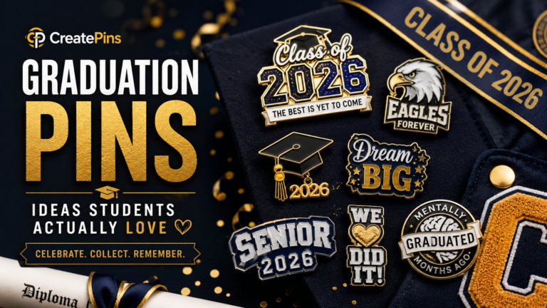 Custom graduation pins for students — class year pins, mascot pins, quote pins, and friendship sets