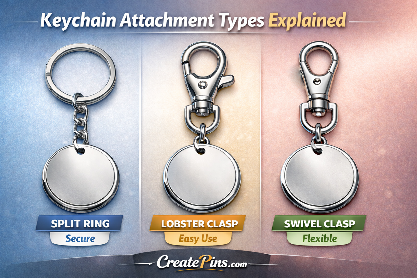 Comparison of split ring, lobster clasp, and swivel clasp keychain attachments