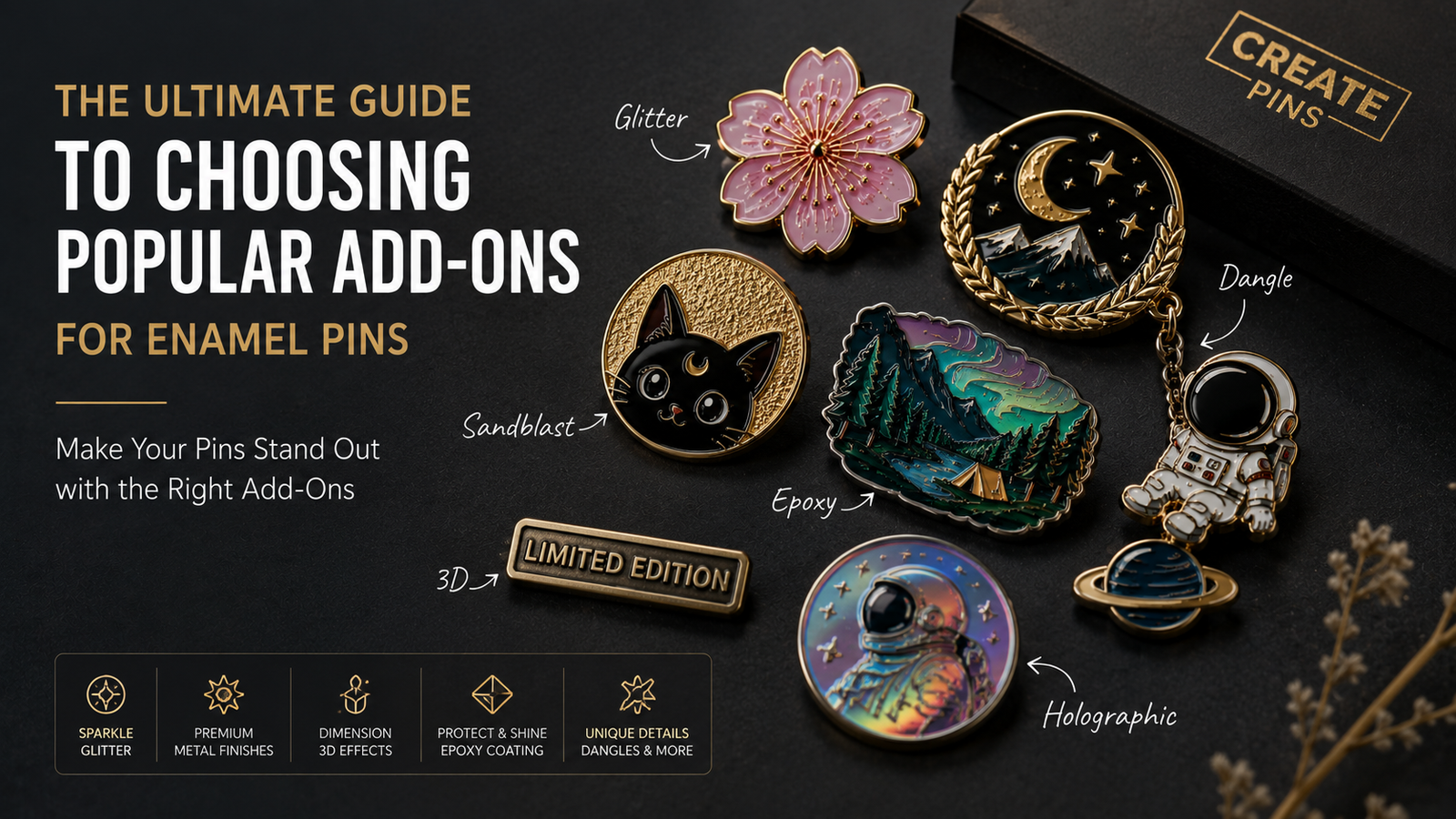 Enamel pin add-ons comparison — glitter, glow-in-the-dark, epoxy dome, spinners, dangles, rhinestones and screen printing