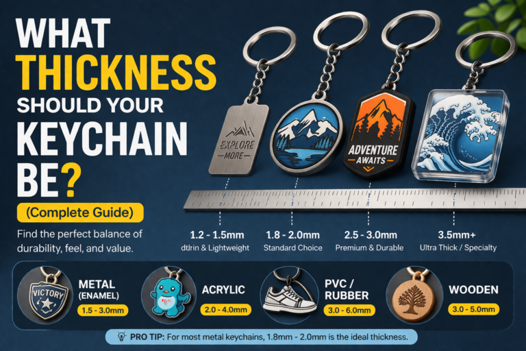 Custom keychain thickness guide — comparing thin, standard, premium, and ultra-thick options