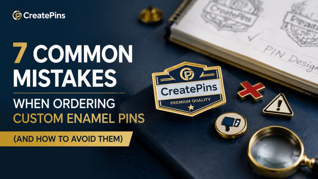 7 common mistakes when ordering custom enamel pins, featuring premium pin designs, design sketches, and quality inspection symbols