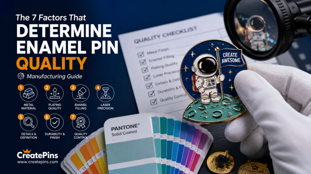 Professional quality inspection of a custom hard enamel pin with Pantone color guide and manufacturing checklist, illustrating the seven key factors that determine enamel pin quality, including materials, plating, enamel filling, precision, finish, durability, and quality control.