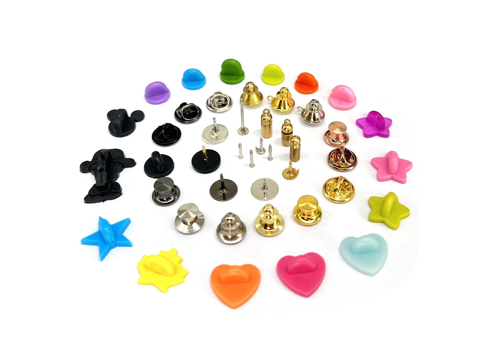Enamel pin backing options including butterfly clutch, rubber clutch, magnet, and safety pin