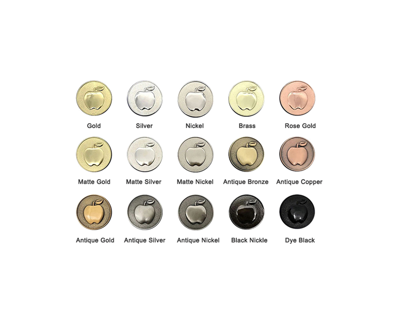 Enamel pin metal color options including gold, silver, black nickel, and antique finishes
