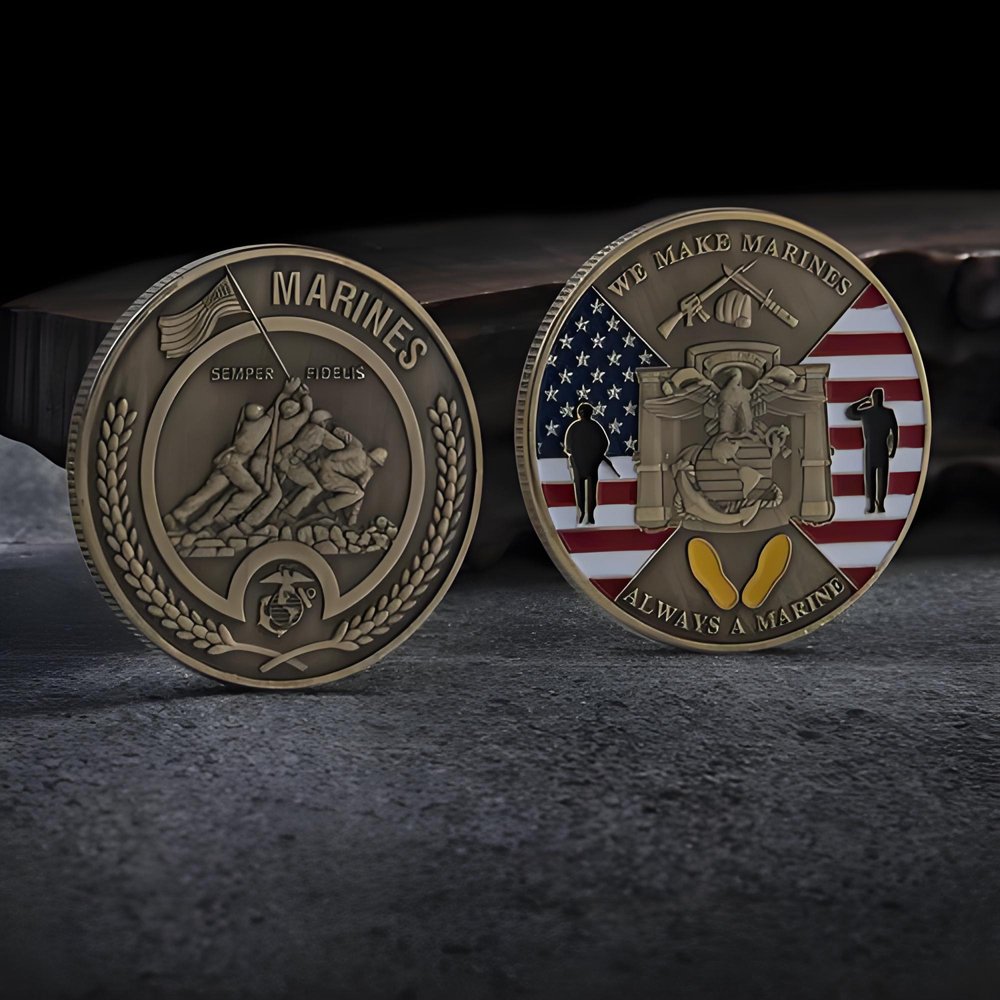 US Marine Corps custom challenge coins with antique bronze finish and detailed emblem