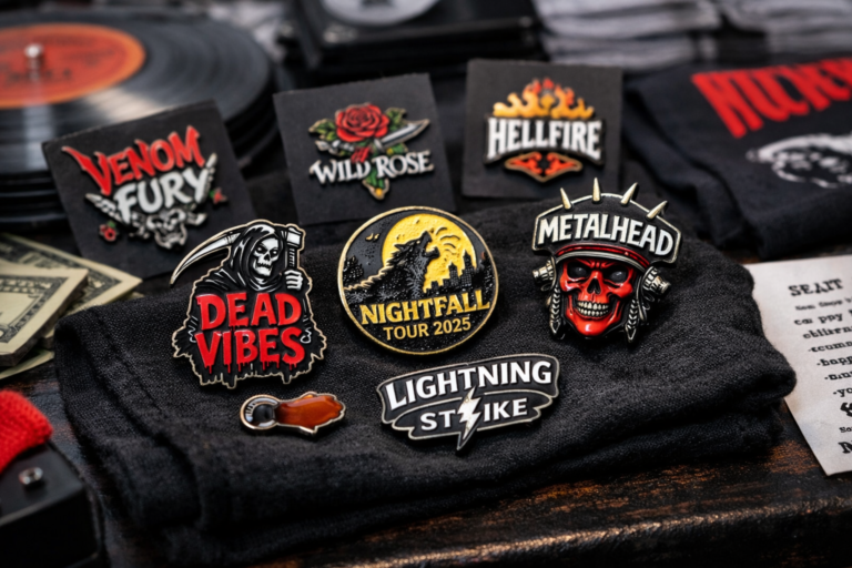 Colorful custom enamel pins for music bands, featuring guitar and logo designs
