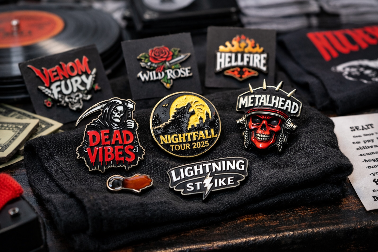 Custom pins for music bands displayed on a merch table