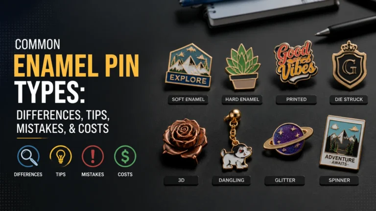 Common enamel pin types including soft enamel, hard enamel, printed, die struck, glitter, 3D, and dangling pins with design tips and cost information