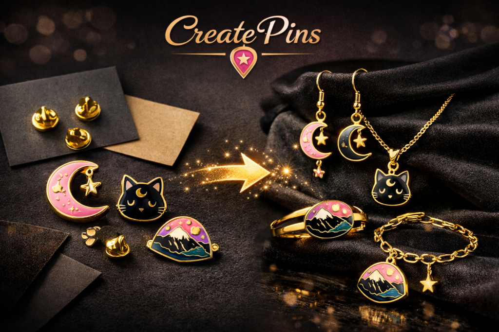 Enamel pin to jewelry transformation — earrings, necklaces, rings and bracelets from custom pin designs by CreatePins