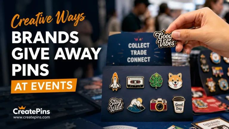 Premium custom enamel pins displayed at a busy trade show booth, demonstrating creative branded pin giveaway ideas for events, conferences, expos, and promotional marketing.