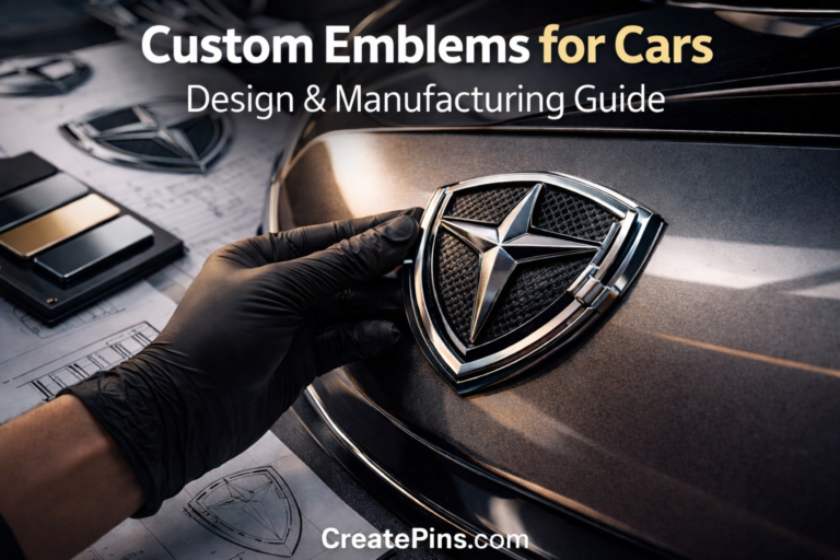 Custom car emblem being installed on vehicle with CreatePins.com branding, showcasing chrome badge design and manufacturing process