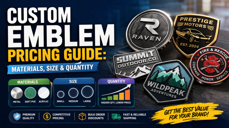 Custom emblem pricing guide showing materials size and quantity comparison for metal pvc and acrylic emblems