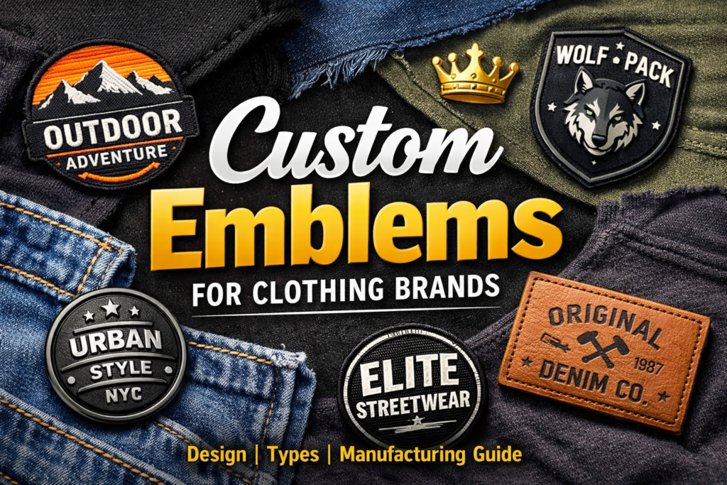 Custom emblems for clothing brands including embroidered patches, metal badges, and leather labels on apparel