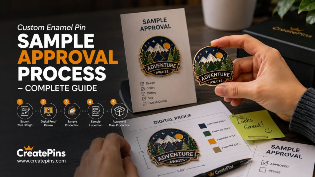 Custom enamel pin sample approval process showing digital proof, physical sample, Pantone color matching, quality inspection, and final approval before mass production, illustrating the complete manufacturing workflow.