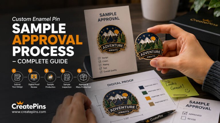 Custom enamel pin sample approval process showing digital proof, physical sample, Pantone color matching, quality inspection, and final approval before mass production, illustrating the complete manufacturing workflow.