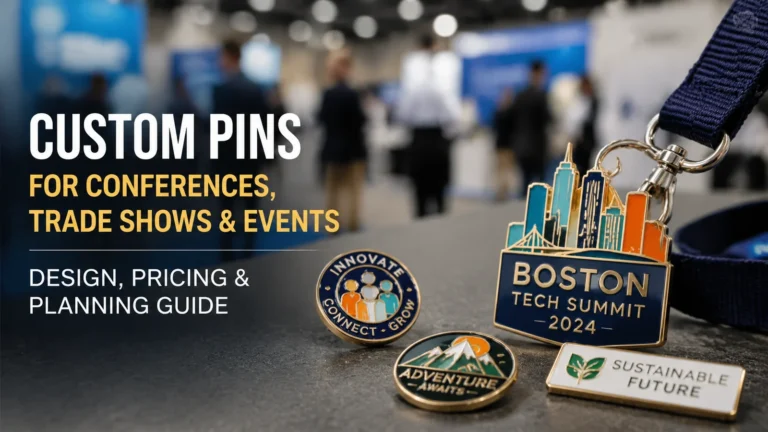 Custom enamel pins for conferences, trade shows, and events featuring branded event badges and promotional pins for business networking